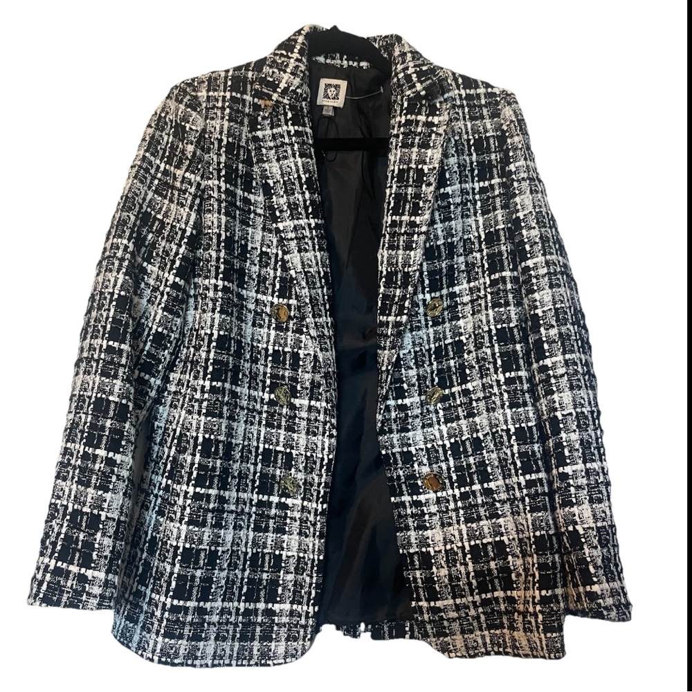Anne Klein Women’s Open Front Black and White Tweed Blazer Jacket Small Office